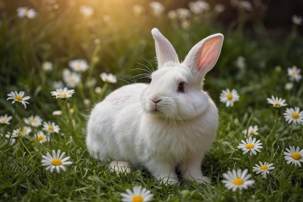 Photo cute rabbit amongst daisies in sunlight