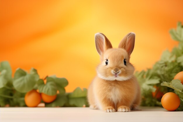 Foto coniglio carino su sfocato colore arancione morbido e bianco sullo sfondo per un design carino e rilassante