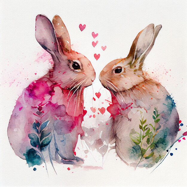 Cute rabbit or bunny couple in love with hearts watercolor drawing illustration