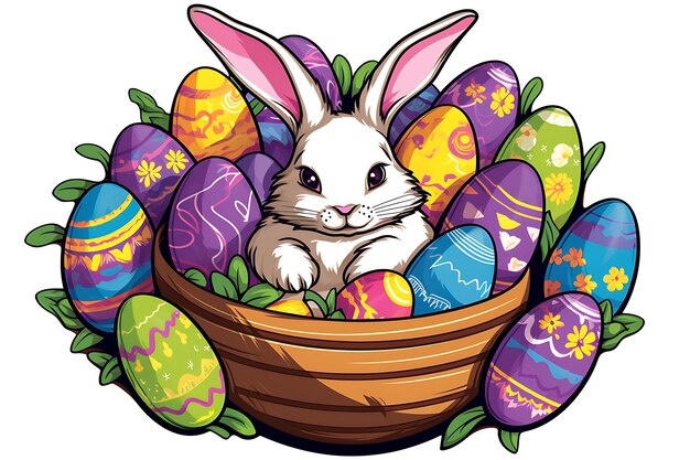 Photo cute rabbit cartoon sleeping on easter eggs