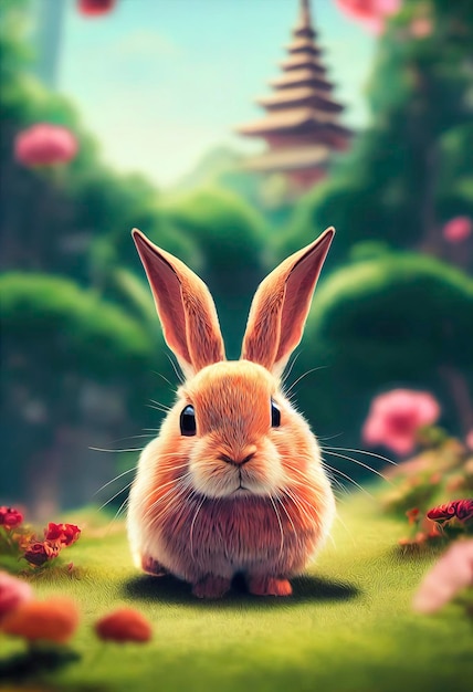 cute rabbit in chinese scenary