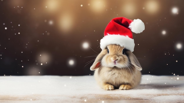 Foto coniglio carino vestito con il cappello di babbo natale carta da parati festiva per il capodanno con spazio libero