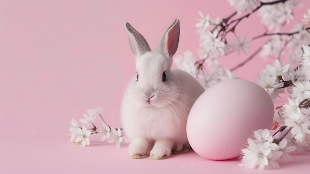 Cute rabbit easter egg and flowers Concept and idea of happy easter day