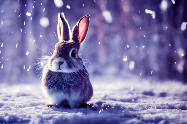 cute rabbit on falling snow background 3d illustration