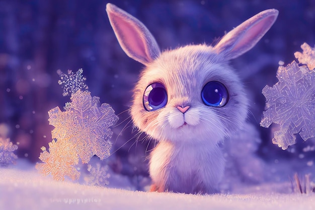 cute rabbit on falling snow background 3d illustration