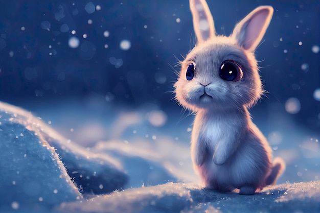 cute rabbit on falling snow background 3d illustration