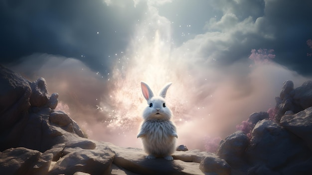 Cute rabbit in the fantasy land background Generative AI