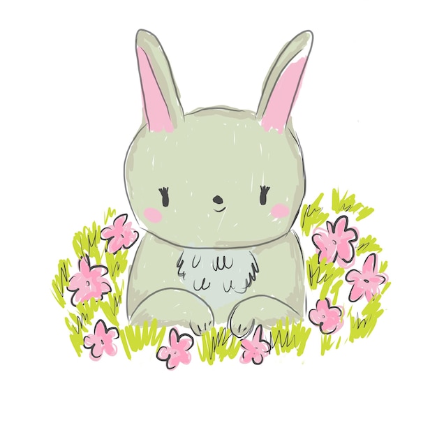 Cute rabbit in flowers Bunny character for kids and children design Cartoon hare Sweet animal for baby prints