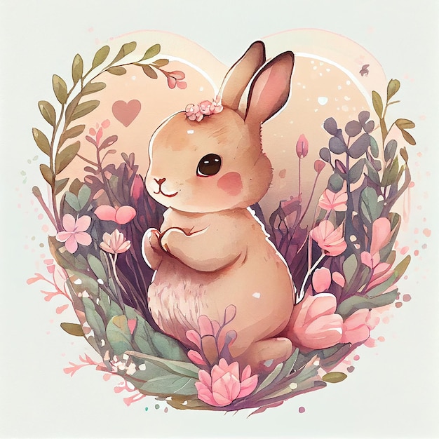 Cute rabbit in fowers Kawaii cartoon style Pastel colors AI generated