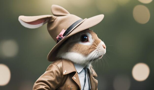 Photo cute rabbit in a hat on a bokeh background