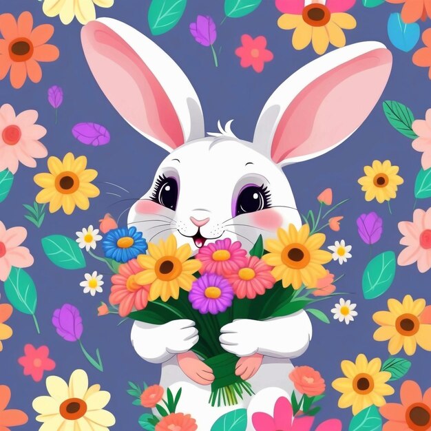 Photo cute rabbit holding in colorful flower