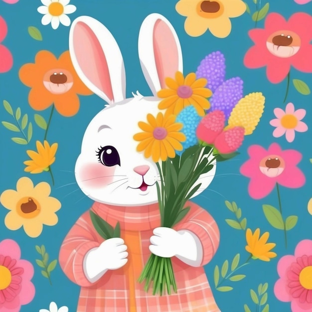 Photo cute rabbit holding in colorful flower