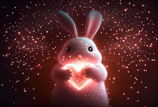 Cute rabbit holding glowing heart Generative AI