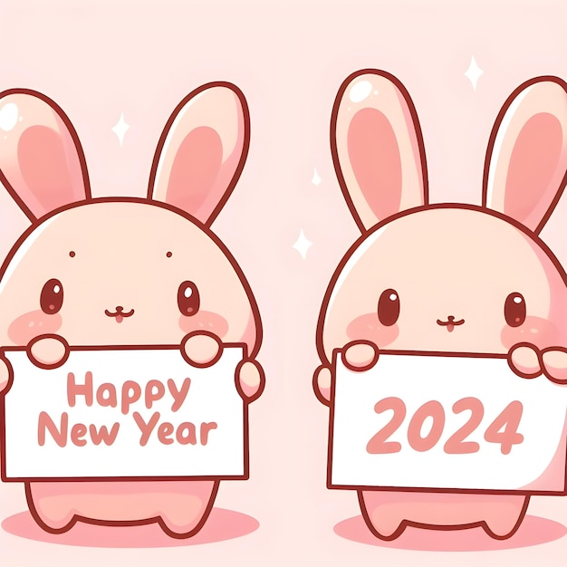 "2024년 새해 축하 표지판을 들고 있는 귀여운 토끼, 핑크색 톤"