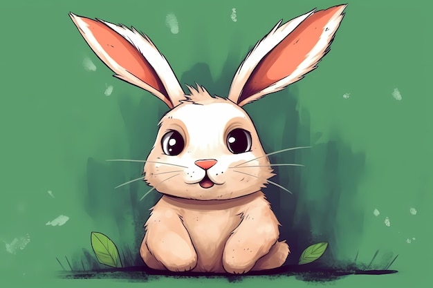 Милая иллюстрация кролика на зеленом фоне.