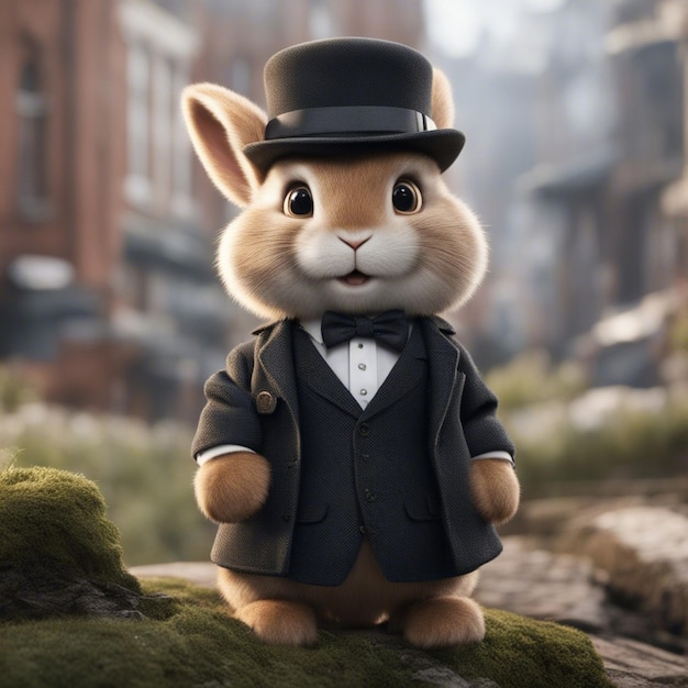 사진 양복을 입은 귀여운 토끼가 거리에 서 있다