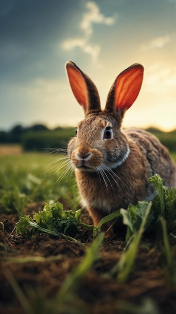A cute rabbit is eating forage in the field ai created
