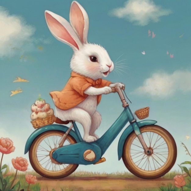 A cute rabbit is riding a bike