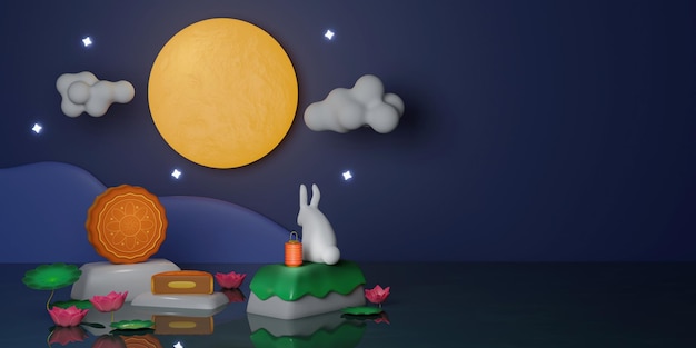 Милый кролик и лунный пирог Китайский фестиваль середины осени Середина осени 3d рендеринг