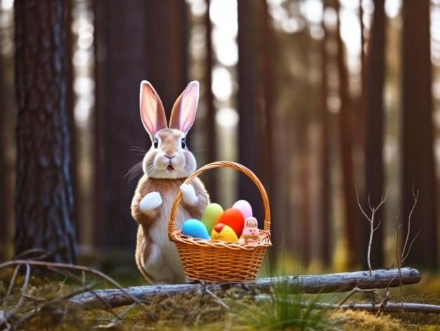 Cute rabbit and painted easter eggs Concept of happy easter day