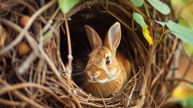 Cute rabbit peeking out of a cozy nest AI generated illustration