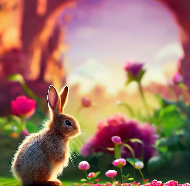 cute rabbit in peonias field year of rabbit 2023