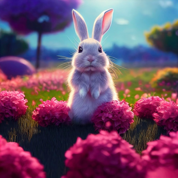 Cute Rabbit in peonies field