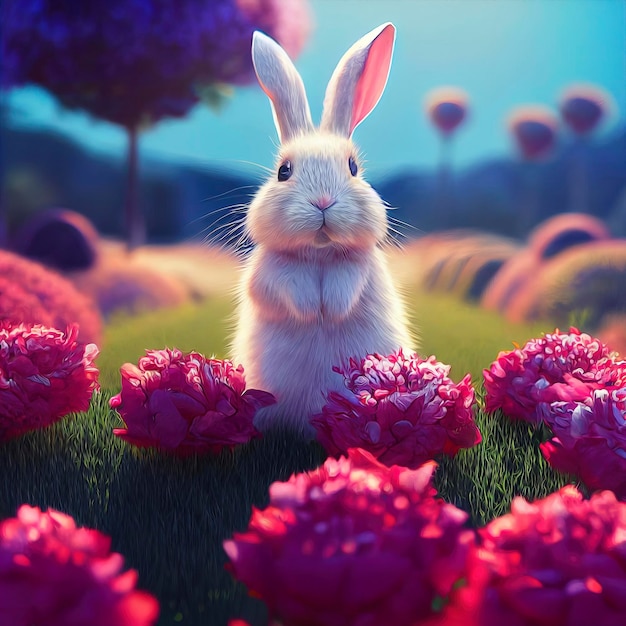 Premium Photo | Cute rabbit in peonies field