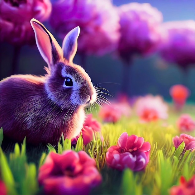 Cute rabbit in peonies field