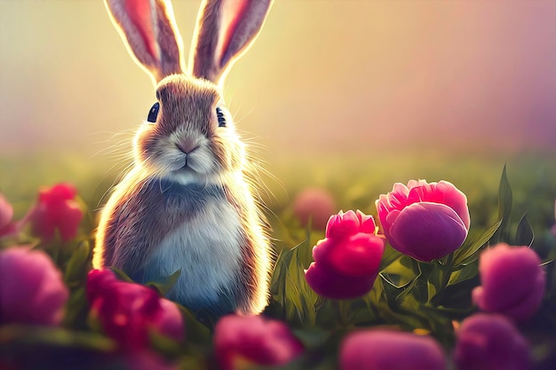 Cute Rabbit in peonies field