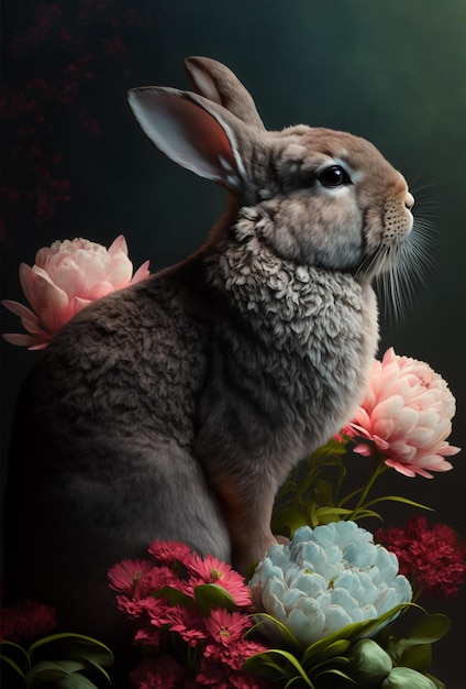 Cute rabbit in pink flowers