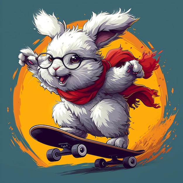 Cute rabbit playing skateboard and wearing glasses