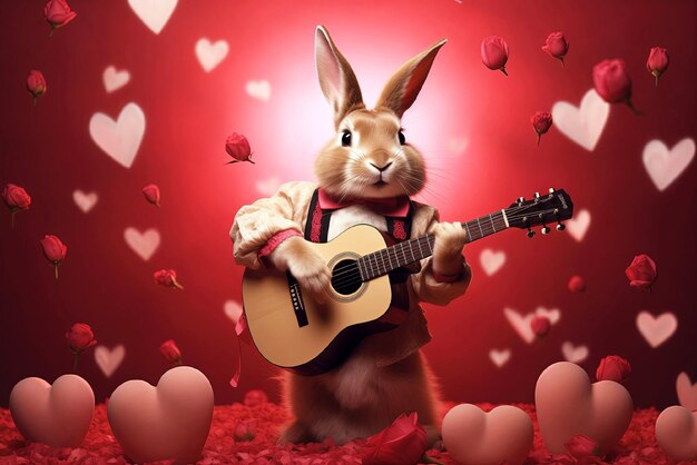 Cute rabbit plays guitar and wishes happy valentines day 1