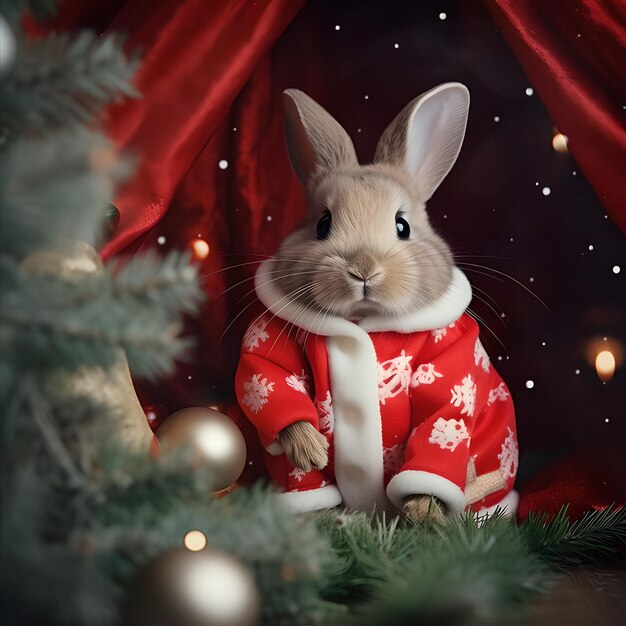 Photo cute rabbit in santa claus clothes with gifts under the christmas tree