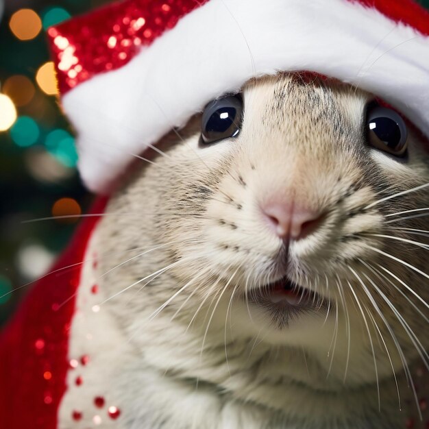 Foto coniglio carino con il cappello di babbo natale sullo sfondo dell'albero di natale