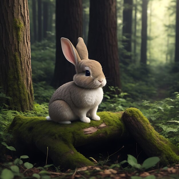 Foto un coniglio carino seduto sulla pietra nella foresta immagine generata dall'ai