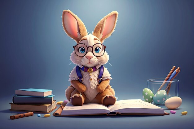 Cute rabbit sitting on a white book with glasses placed easter holiday