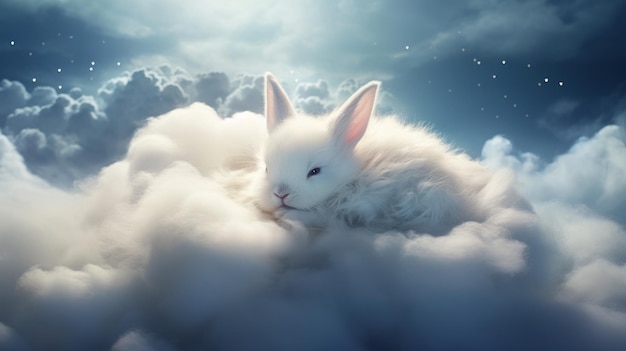 a cute rabbit sleeping on a cloud in the sky generative AI