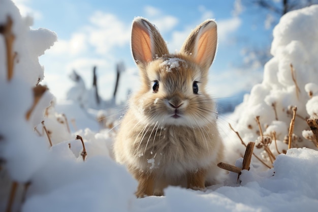 雪の中のかわいいウサギ 雪の中の美しいウサギ ボケ背景の映画のような光 冬のウサギ