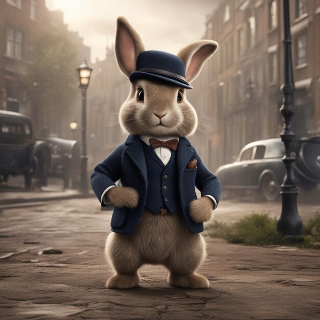 Cute rabbit in a suit is standing on the street