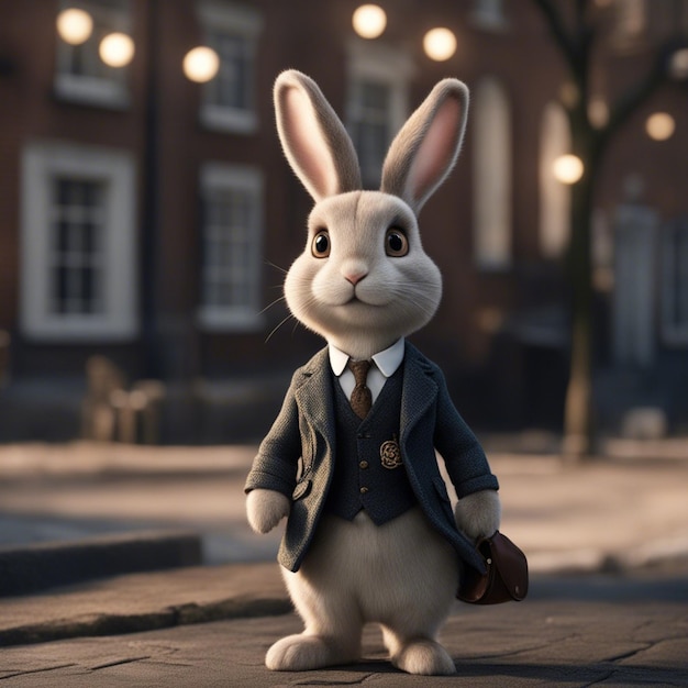 양복을 입은 귀여운 토끼가 거리에 서 있다