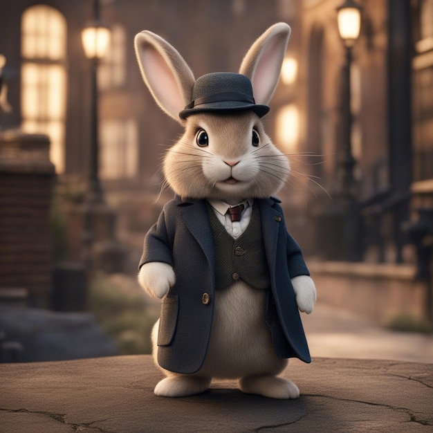 Cute rabbit in a suit is standing on the street