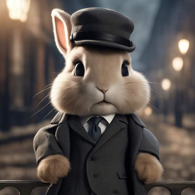 양복을 입은 귀여운 토끼가 거리에 서 있다