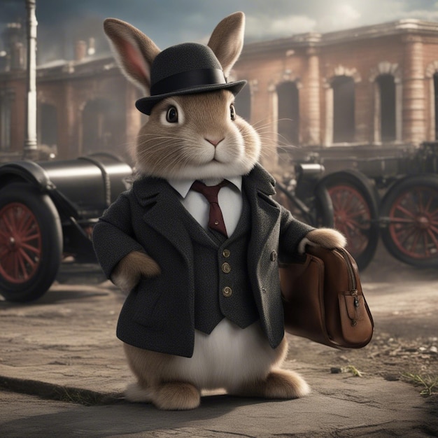 Cute rabbit in a suit is standing on the street