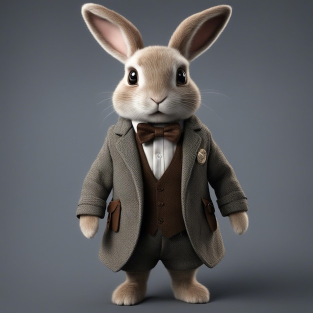 Cute rabbit in a suit is standing on the street