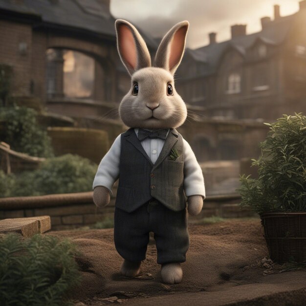 Милый кролик в костюме стоит на улице.