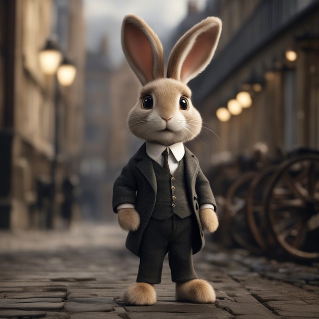 Cute rabbit in a suit is standing on the street