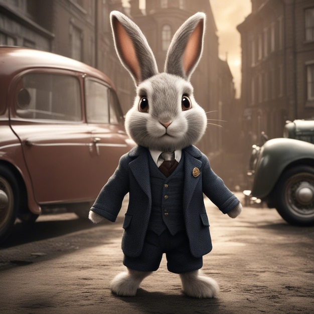 Cute rabbit in a suit is standing on the street