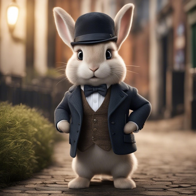 Cute rabbit in a suit is standing on the street