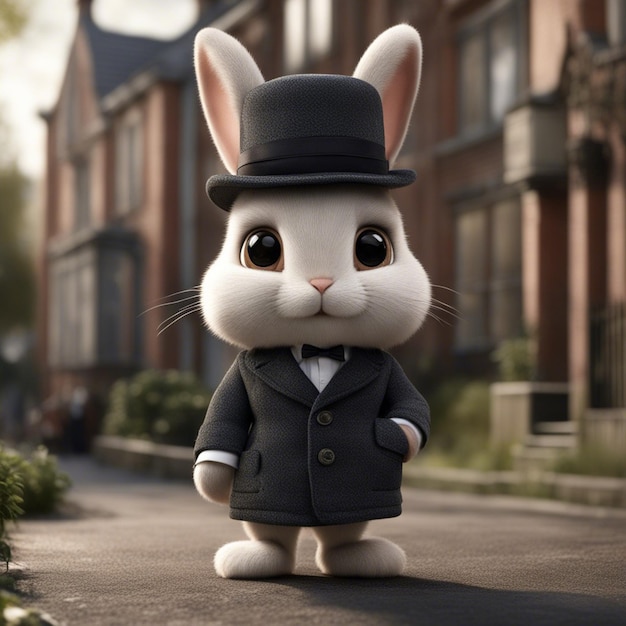 Cute rabbit in a suit is standing on the street